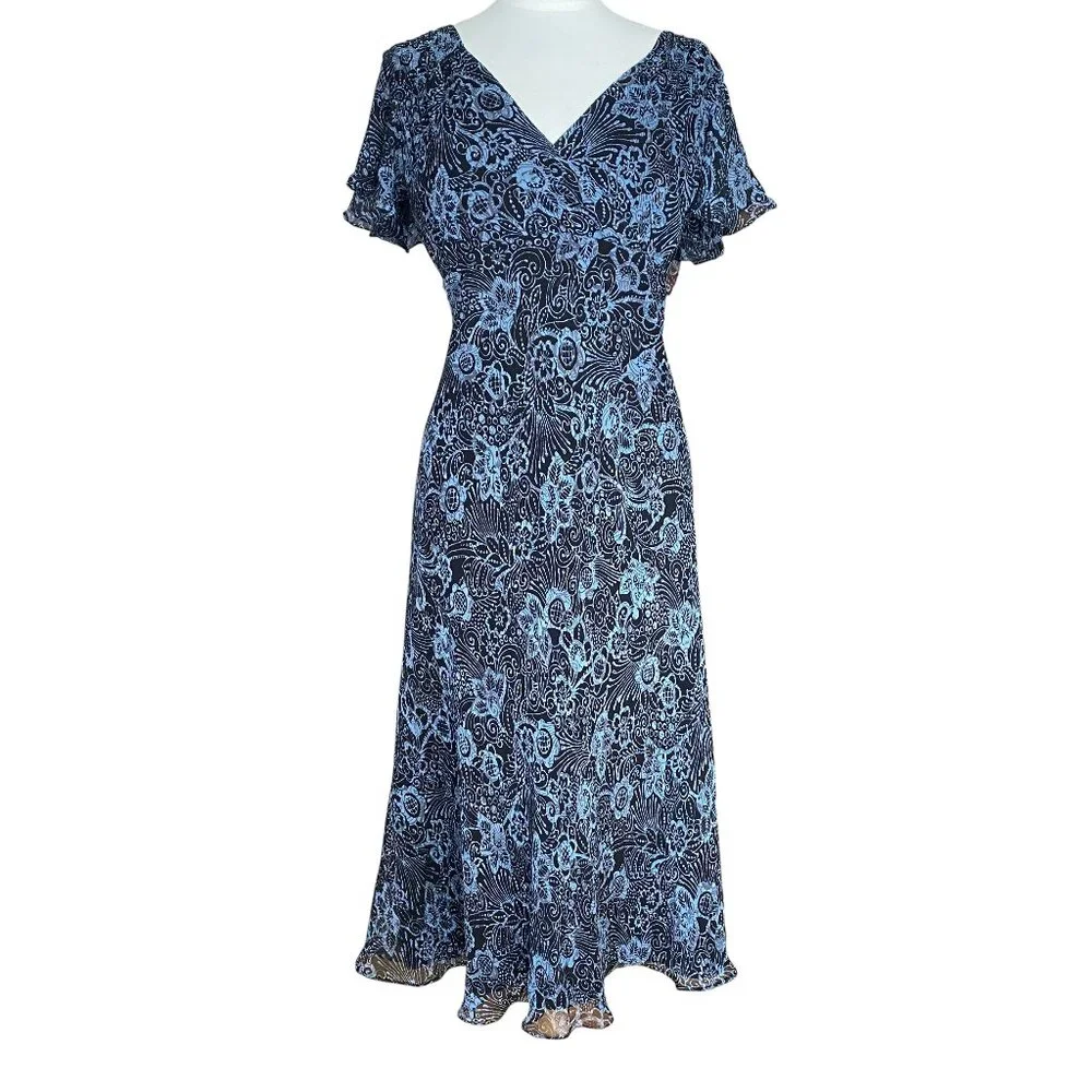 Vintage Coldwater Creek 100% Silk Floral Babydoll Midi Dress Blue Cottagecore-16